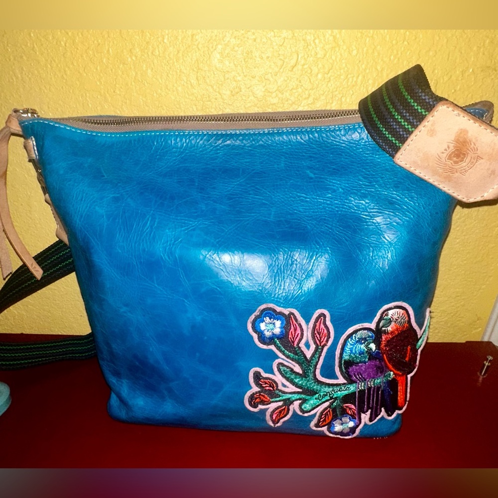 Consuela Teal Blue Leather Crossbody with Bird Patch